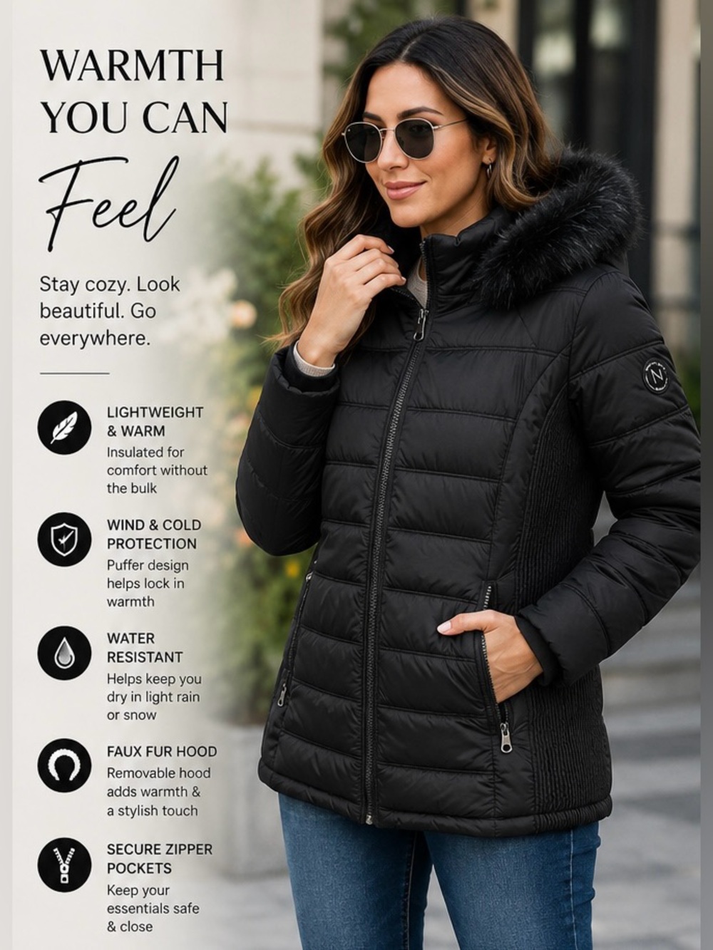 Nautica XL Black Quilted Puffer Jacket Faux Fur Hood Water Resistant Coat